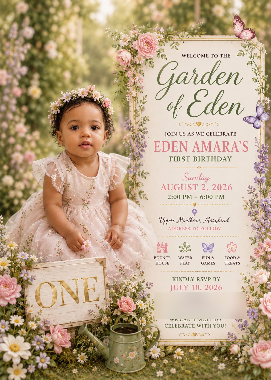 Eden Amara first birthday invitation with private contact information obscured